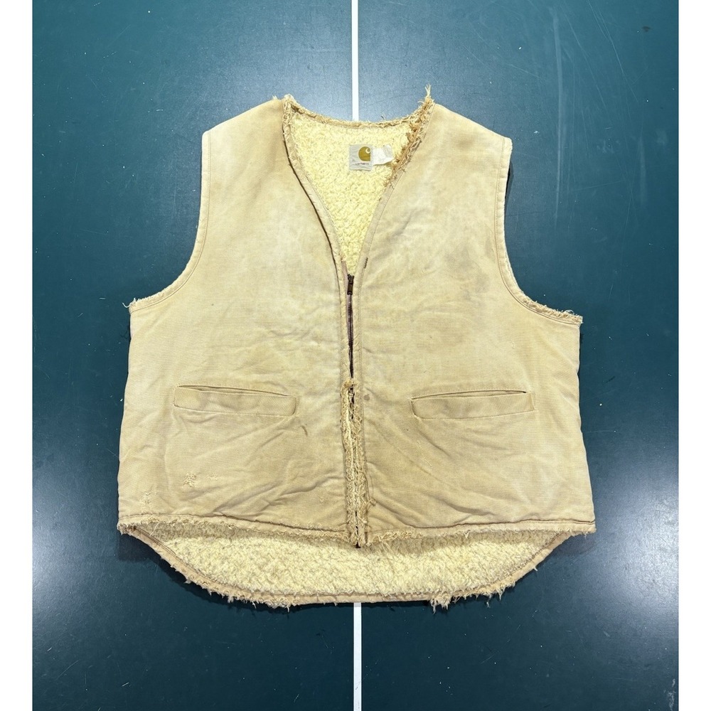 Vintage 70s Carhartt Sherpa Lined Duck Canvas Work Vest Men Large Tan Distressed